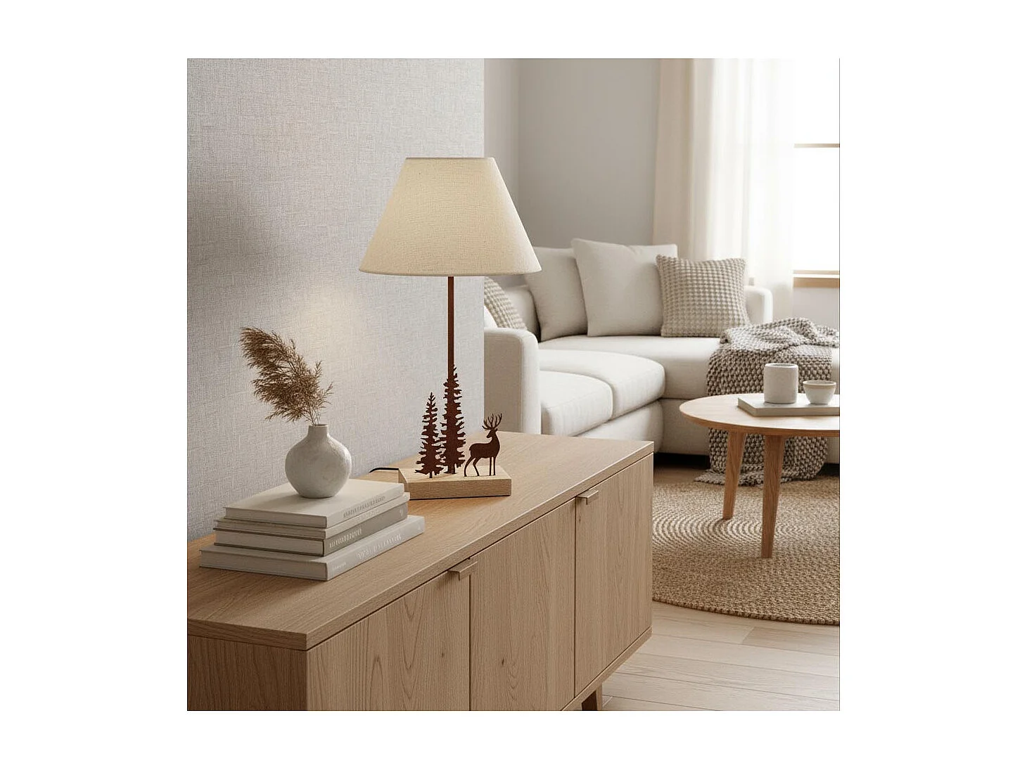 Lampe à poser métal bois 1 cerf 2 sapins