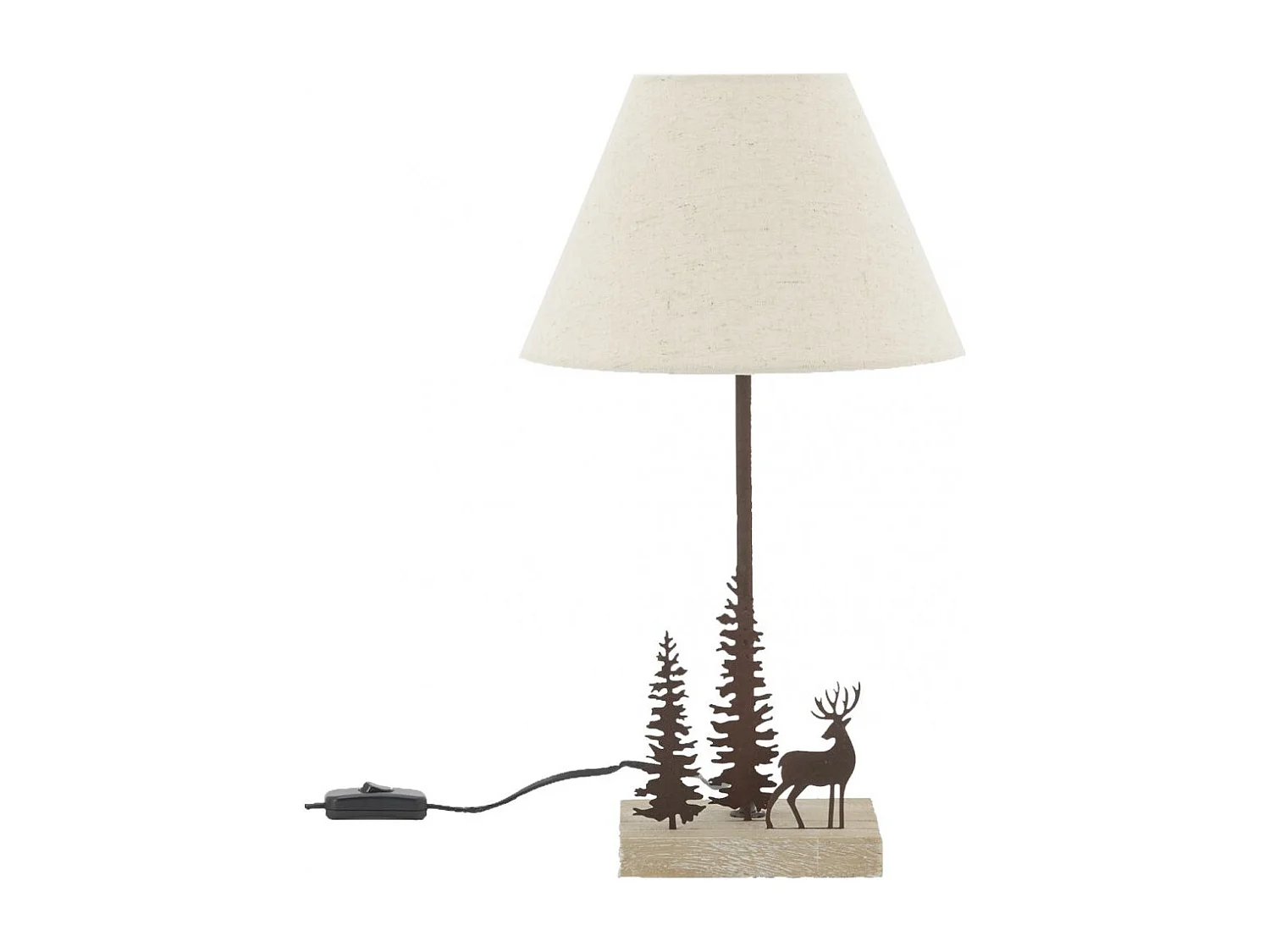 Lampe à poser métal bois 1 cerf 2 sapins