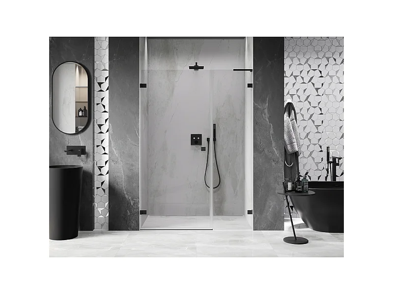 Mexen Lunar-B L venstrehængslet brusebad dør 145 cm, transparent, sort - 832SL-145-050-70-00-L