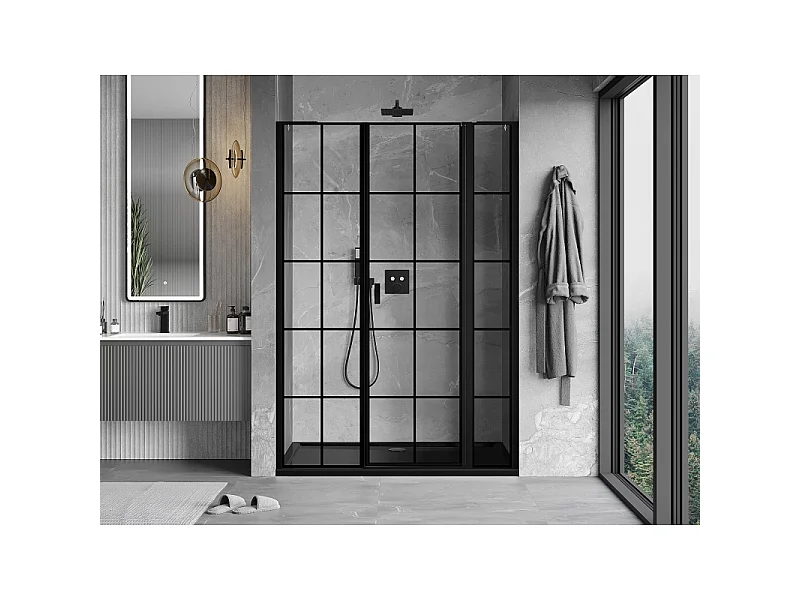 Mexen Mist L drzwi prysznicowe uchylne prawe 140 cm, czarna kratka, czarne - 8A4L-140-001-70-77-P