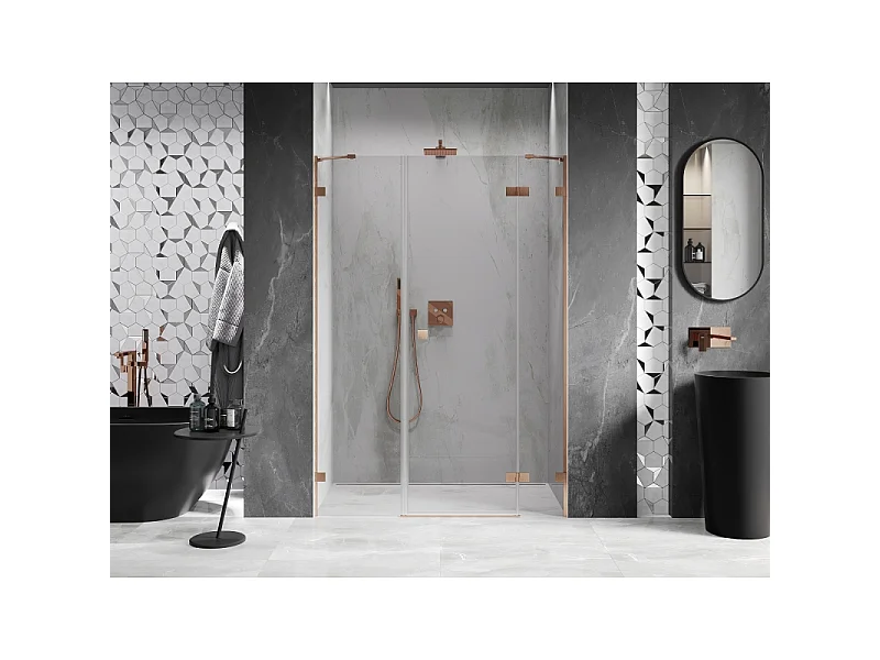 Mexen Lunar hængslede brusevægge højre 155 cm, transparent, børstet kobber - 834S-155-050-65-00-P