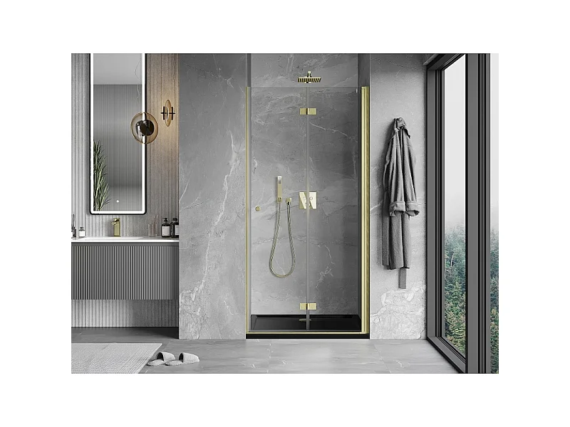 Mexen Mist-F klappbare Duschabtrennung rechts 70 cm, transparent, gebürstetes Gold - 8A6-070-000-55-00-P