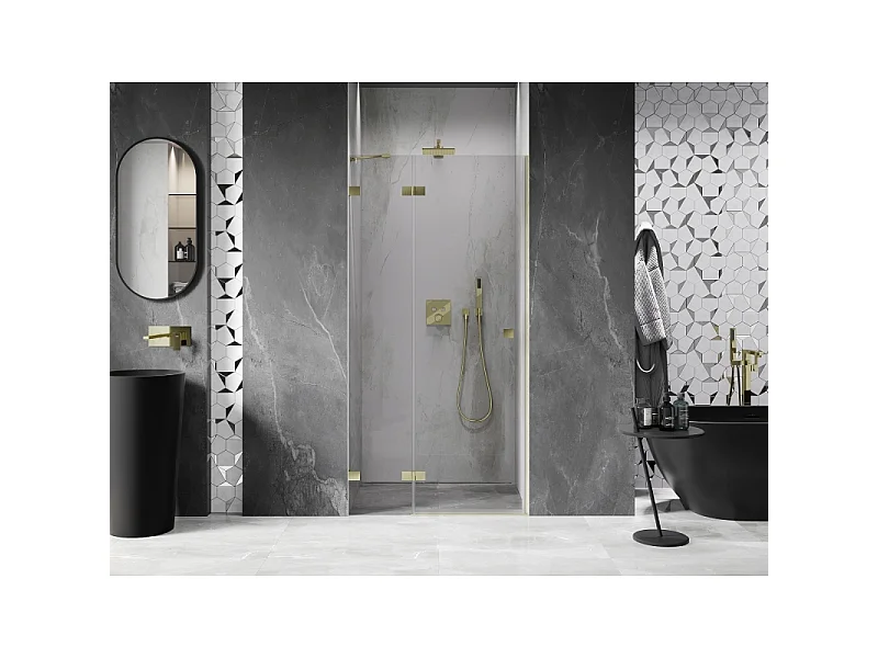 Mexen Lunar venstre drejede brusedøre 85 cm, transparent, børstet guld - 834-085-000-55-00-L