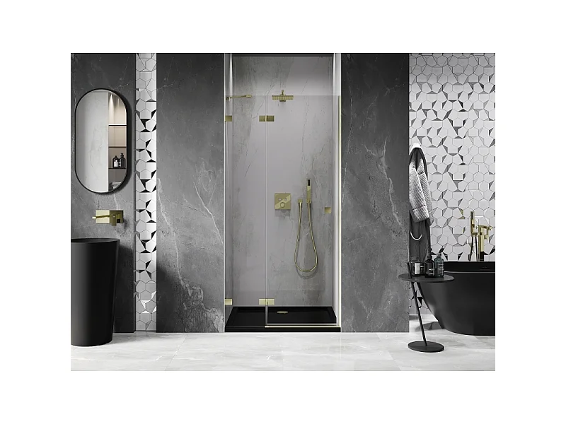 Mexen Lunar venstre drejede brusedøre 85 cm, transparent, børstet guld - 834-085-000-55-00-L