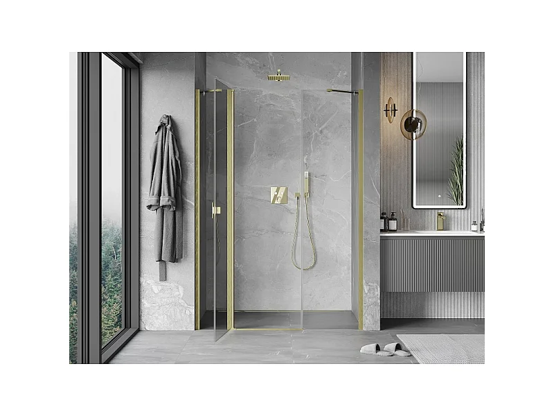 Mexen Mist nihajna pršna vrata 145 cm, prosojna, zlato brušena - 8A4-145-001-55-00