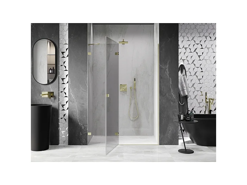 Mexen Lunar Left Hinged Shower Door 130 cm, Transparent, Brushed Gold - 834-130-000-55-00-L