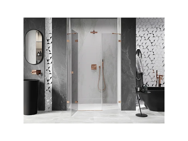 Mexen Lunar venstre sidehængt brusedør 145 cm, transparent, børstet kobber - 834S-145-050-65-00-L