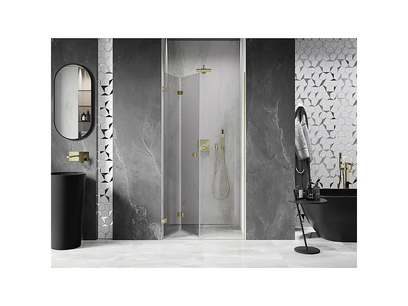 Mexen Lunar-F vouwwand douchedrager links 65 cm, transparant, geborsteld goud - 836-065-000-55-00-L