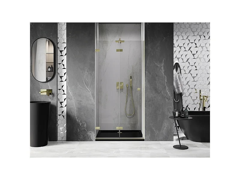 Mexen Lunar-F vouwwand douchedrager links 65 cm, transparant, geborsteld goud - 836-065-000-55-00-L