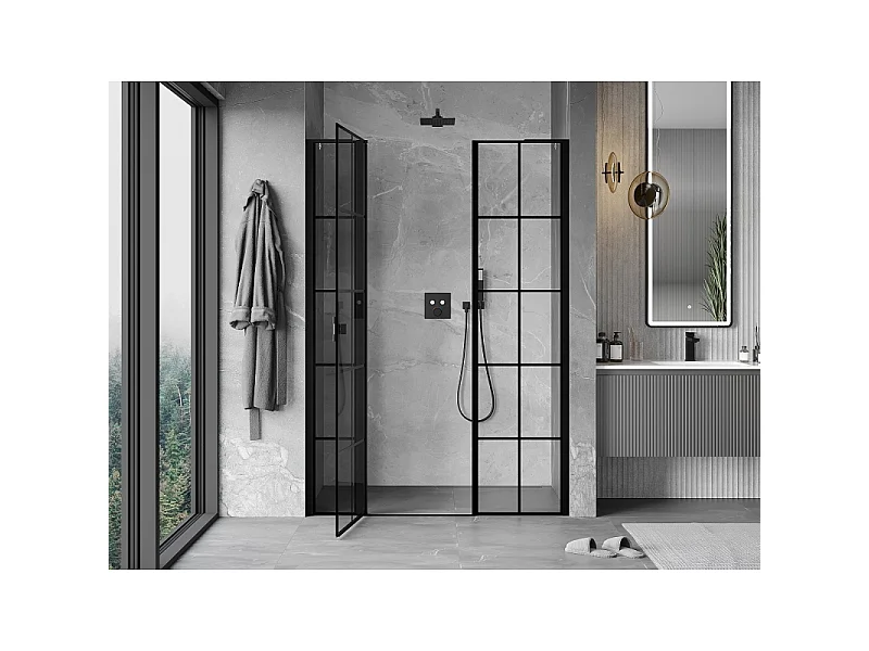Mexen Mist L puerta de ducha abatible izquierda 135 cm, rejilla negra, negro - 8A4L-135-001-70-77-L