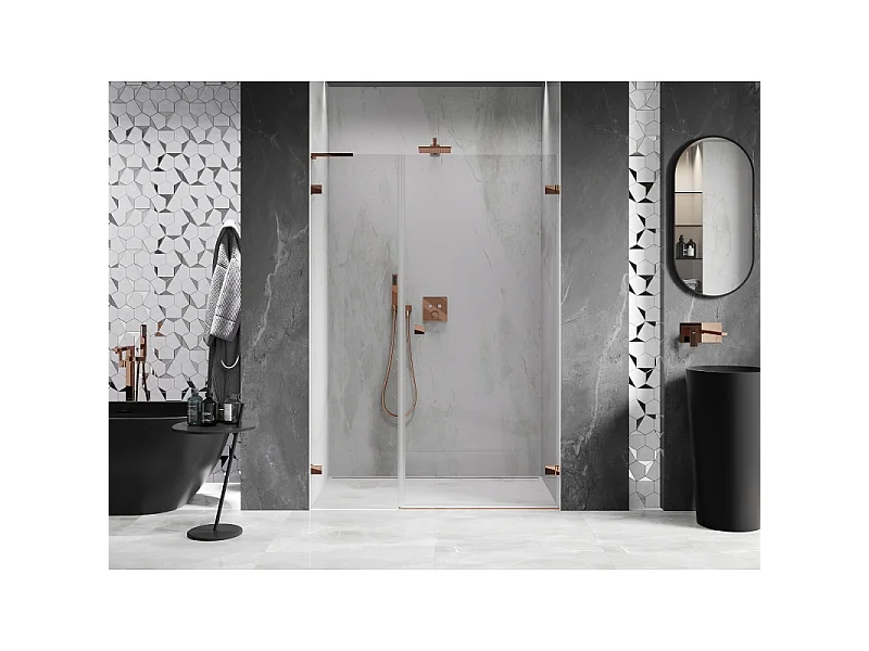 Mexen Lunar-B L højredrejede brusedøre 140 cm, transparent, rosaguld - 832SL-140-050-60-00-P