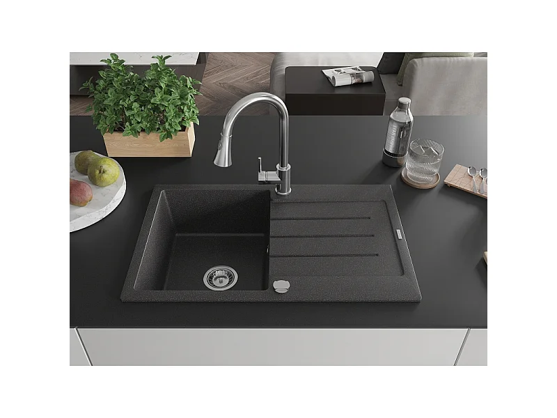 Mexen Bruno évier en granit 1 bac avec égouttoir et robinet de cuisine Elia, noir moucheté - 6513-76-670101-00