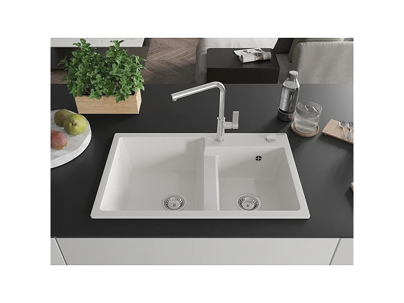 Mexen Tomas granite sink 2-chamber with Flora kitchen tap, white - 6516-20-670401-00