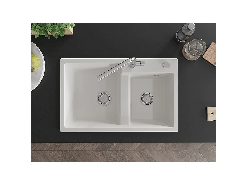 Mexen Tomas granite sink 2-chamber with Flora kitchen tap, white - 6516-20-670401-00