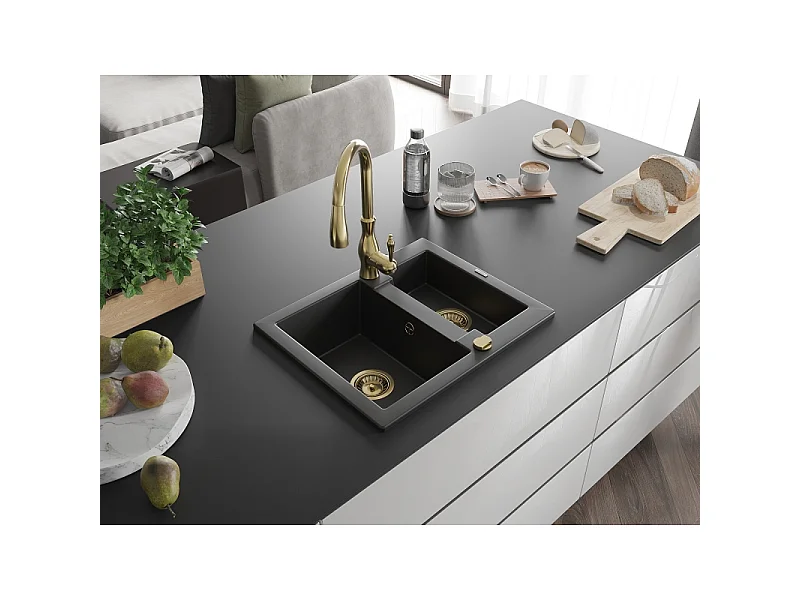 Mexen Carlos granite sink 1.5-bowl with Savita kitchen tap, black - 6518-77-672601-50