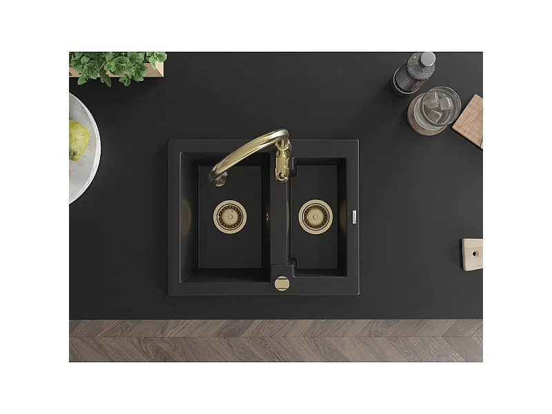 Mexen Carlos granite sink 1.5-bowl with Savita kitchen tap, black - 6518-77-672601-50