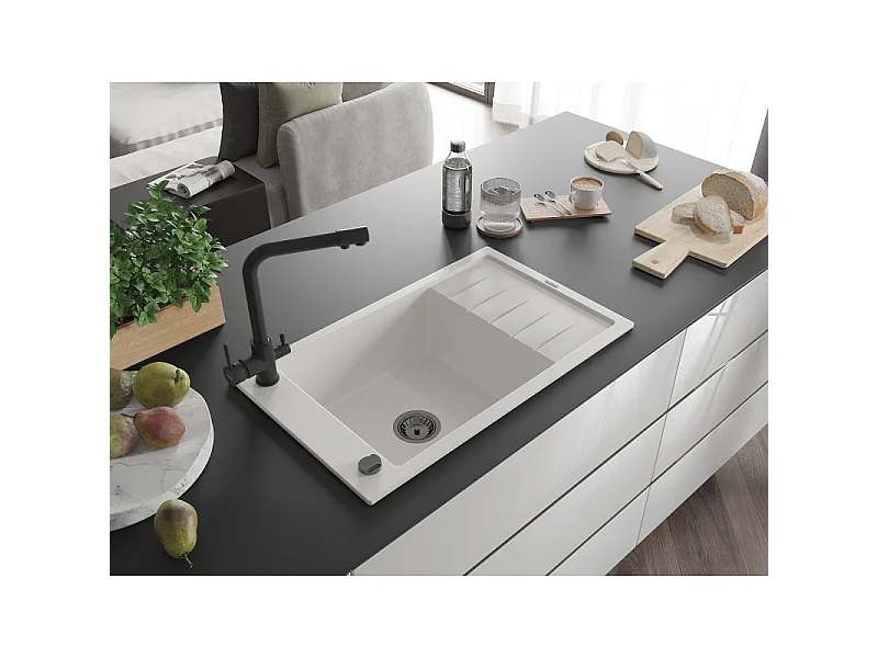 Mexen Elias fregadero de granito de una cubeta con escurridor y grifo de cocina Duero, blanco - 6511-20-671600-70