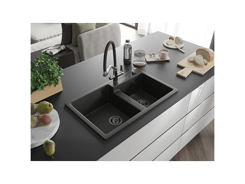 Mexen Tomas Granitspüle 2-Kammern mit Küchenarmatur Duo, Schwarz/Gold Metallic - 6516-75-671701-07-B
