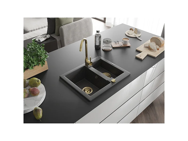 Mexen Carlos granite sink 1.5-bowl 582 x 475 mm, black speckled, gold siphon - 6518581500-76-G