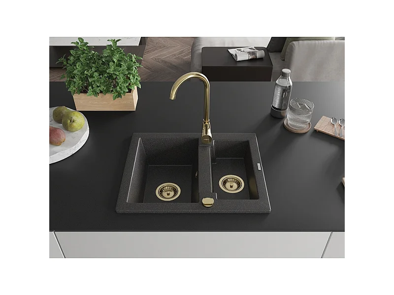 Mexen Carlos granite sink 1.5-bowl 582 x 475 mm, black speckled, gold siphon - 6518581500-76-G