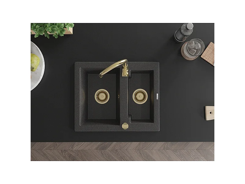 Mexen Carlos granite sink 1.5-bowl 582 x 475 mm, black speckled, gold siphon - 6518581500-76-G