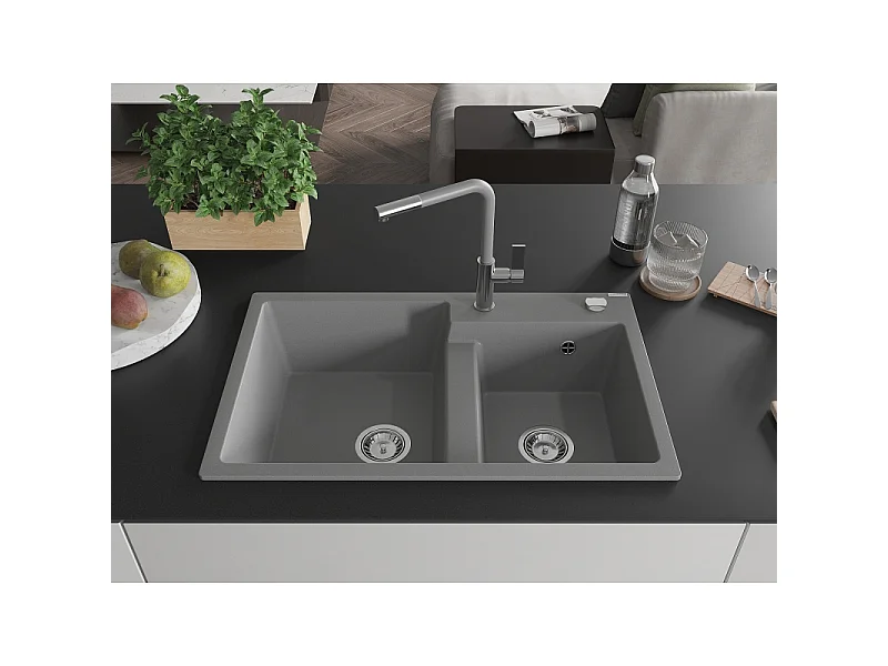 Mexen Tomas granite 2-bowl sink with Flora kitchen tap, grey - 6516-71-670401-06