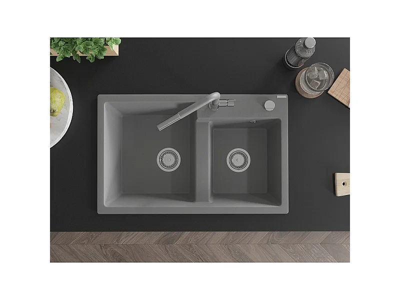 Mexen Tomas granite 2-bowl sink with Flora kitchen tap, grey - 6516-71-670401-06