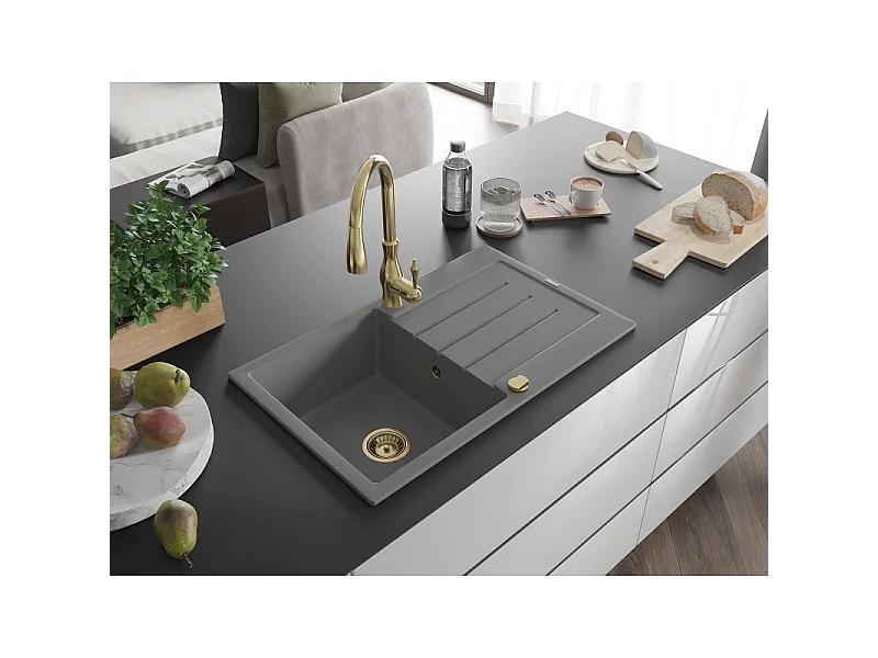 Mexen Bruno 1-bowl granite sink with drainer and Savita kitchen tap, grey - 6513-71-672601-50