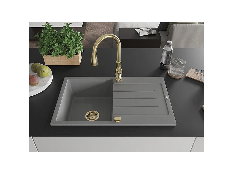 Mexen Bruno 1-bowl granite sink with drainer and Savita kitchen tap, grey - 6513-71-672601-50