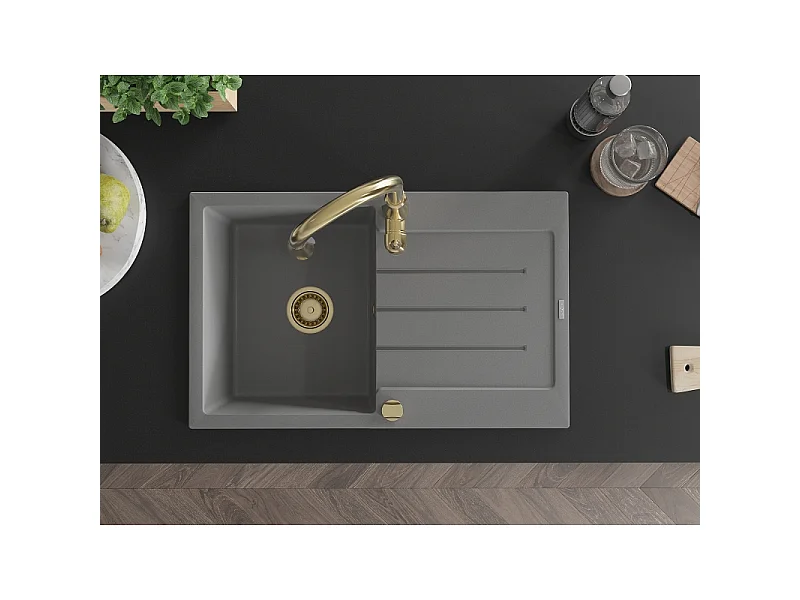 Mexen Bruno 1-bowl granite sink with drainer and Savita kitchen tap, grey - 6513-71-672601-50