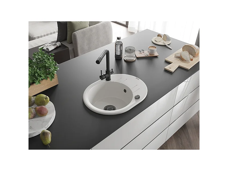 Mexen Kevin 1-bowl granite sink with drainer and Duero kitchen tap, white - 6517-20-671600-70