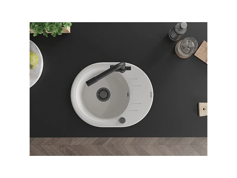 Mexen Kevin 1-bowl granite sink with drainer and Duero kitchen tap, white - 6517-20-671600-70