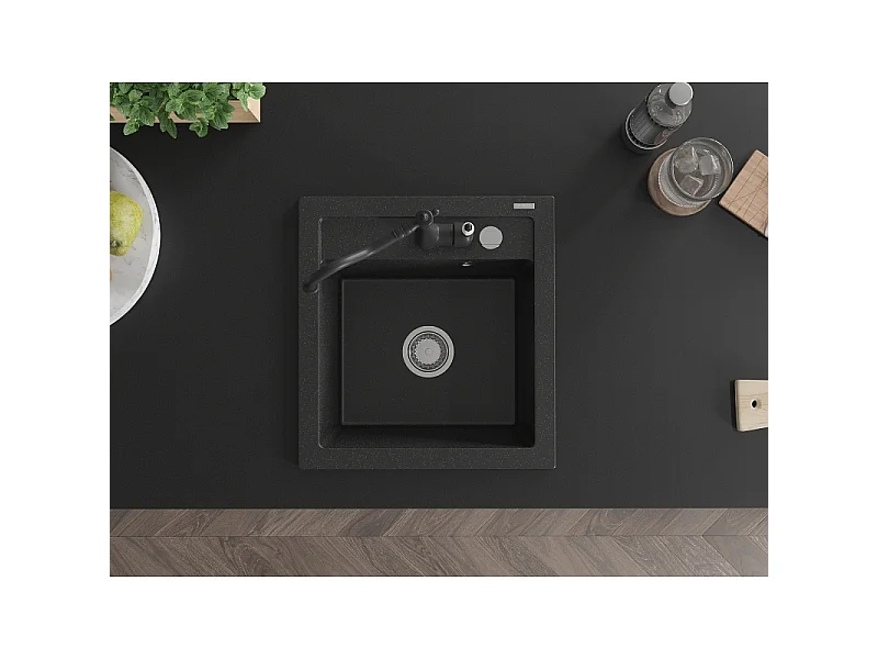 Mexen Vito 1-bowl granite sink with Carla kitchen tap, black/silver metallic - 6503-73-670700-70