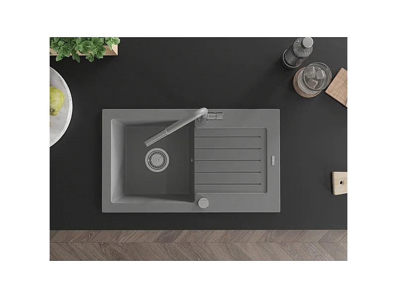 Mexen Pablo single-bowl granite sink with drainer and Flora kitchen tap, grey - 6510-71-670401-06