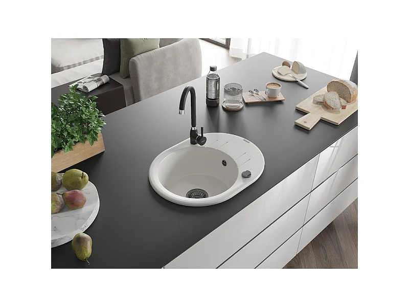 Mexen Kevin granite sink 1-bowl with drainer 586 x 458 mm, white, black siphon - 6517581005-20-B