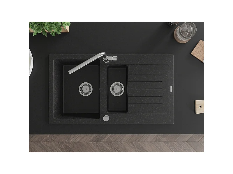 Mexen Matias fregadero de granito de 1,5 senos con escurridor y grifo de cocina Flora, negro/plata - 6502-73-670401-00