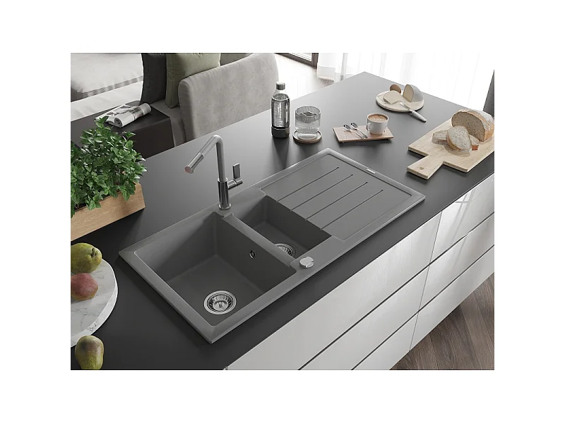 Mexen Andres fregadero de granito de 1,5 compartimentos con escurridor y grifo de cocina Flora, gris - 6515-71-670401-06