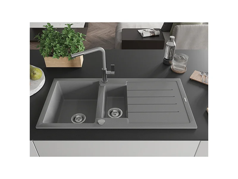 Mexen Andres fregadero de granito de 1,5 compartimentos con escurridor y grifo de cocina Flora, gris - 6515-71-670401-06