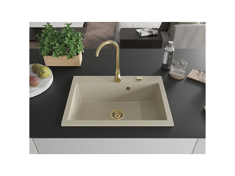 Mexen Elix granite sink single-bowl 700 x 500 mm, beige, gold siphon - 6526701005-69-G