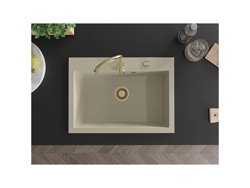 Mexen Elix granite sink single-bowl 700 x 500 mm, beige, gold siphon - 6526701005-69-G