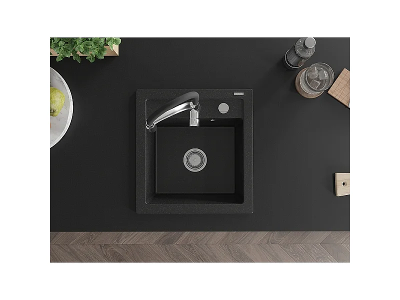 Mexen Vito 1-bowl granite sink with Aster kitchen tap, black/silver metallic- 6503-73-73450-07