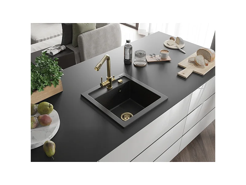 Mexen Vito 1-bowl granite kitchen sink with Duero tap, black/silver metallic - 6503-73-671600-50