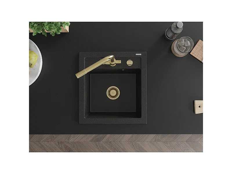 Mexen Vito 1-bowl granite kitchen sink with Duero tap, black/silver metallic - 6503-73-671600-50