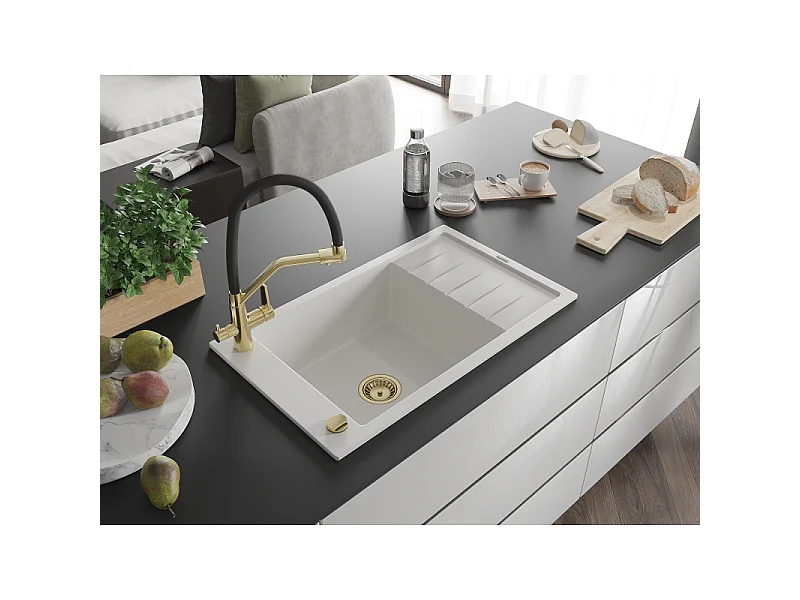 Mexen Elias fregadero de granito de 1 seno con escurridor y grifo de cocina Duo, blanco - 6511-20-671701-57-G