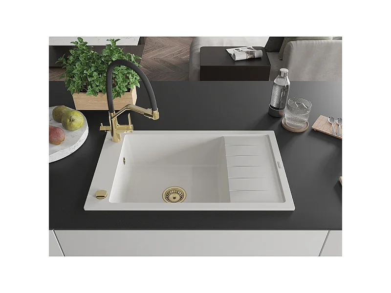 Mexen Elias fregadero de granito de 1 seno con escurridor y grifo de cocina Duo, blanco - 6511-20-671701-57-G