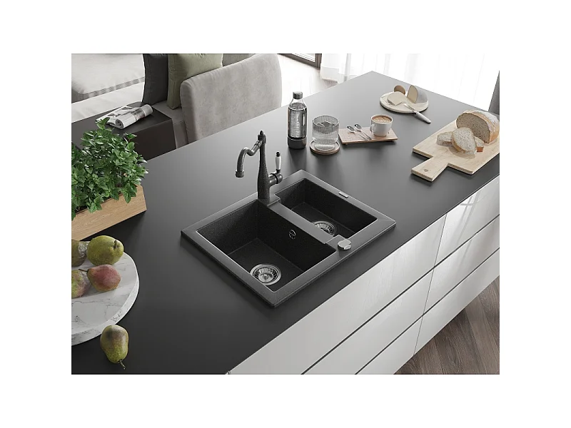 Mexen Carlos 1.5-bowl granite sink with Carla kitchen tap, black speckled - 6518-76-670700-76