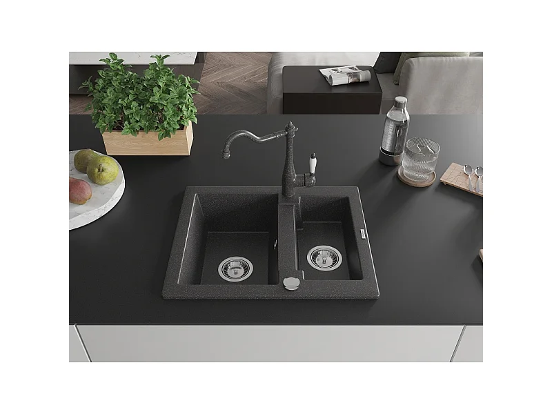 Mexen Carlos 1.5-bowl granite sink with Carla kitchen tap, black speckled - 6518-76-670700-76