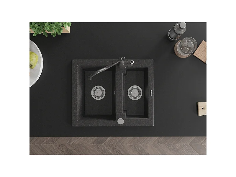 Mexen Carlos 1.5-bowl granite sink with Carla kitchen tap, black speckled - 6518-76-670700-76