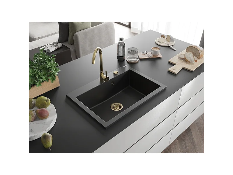 Mexen Elix lava-loiça de granito de 1 cuba 700 x 500 mm, preto, sifão dourado - 6526701005-77-G