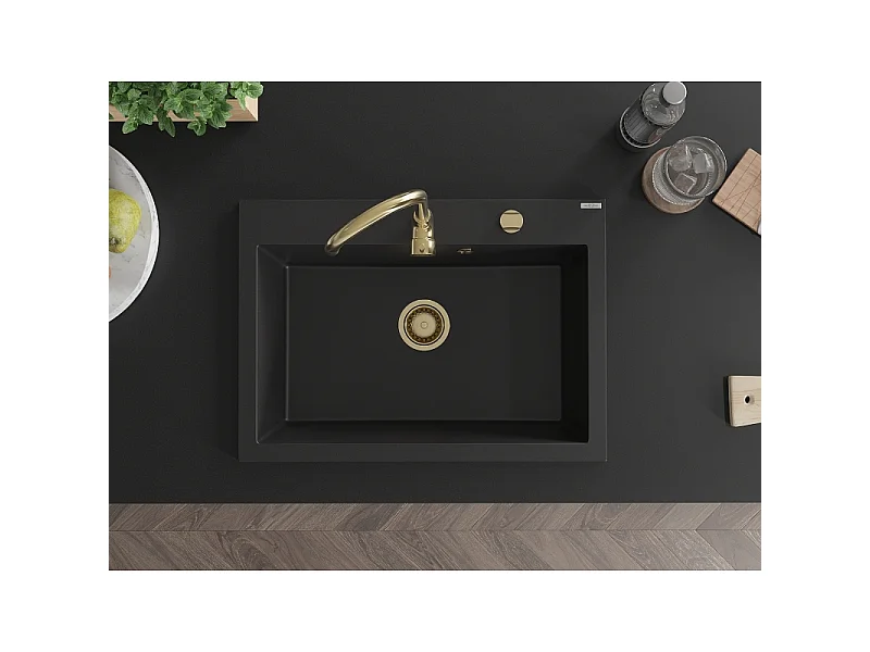 Mexen Elix lava-loiça de granito de 1 cuba 700 x 500 mm, preto, sifão dourado - 6526701005-77-G